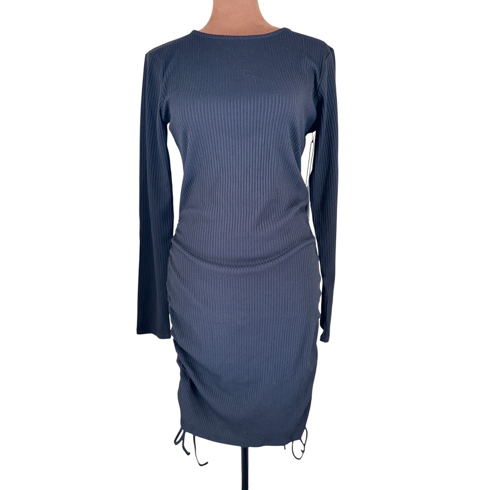 Shades of Rose Black Ribbed Bodycon Mini Dress Women's Medium NWT Ruched Tie